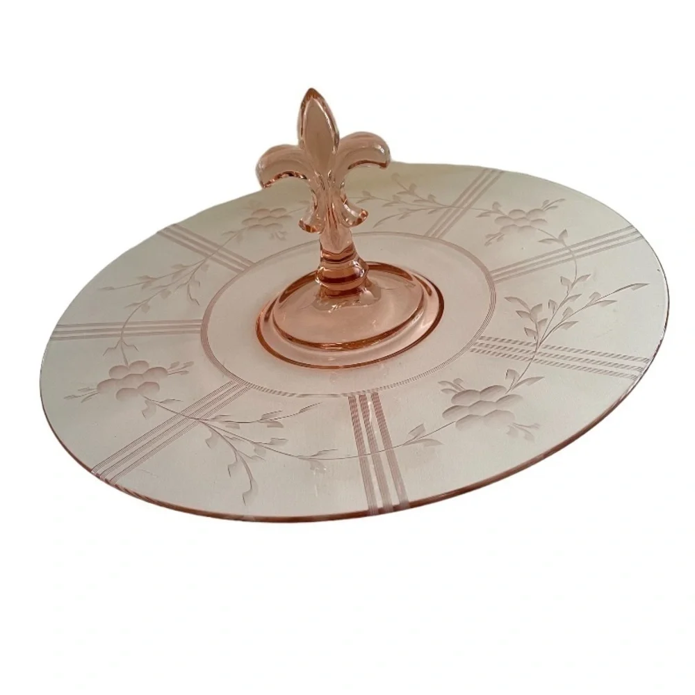 Vtg Pink Etched Depression Glass Serving Dish with Fleur-de-lis Handle
